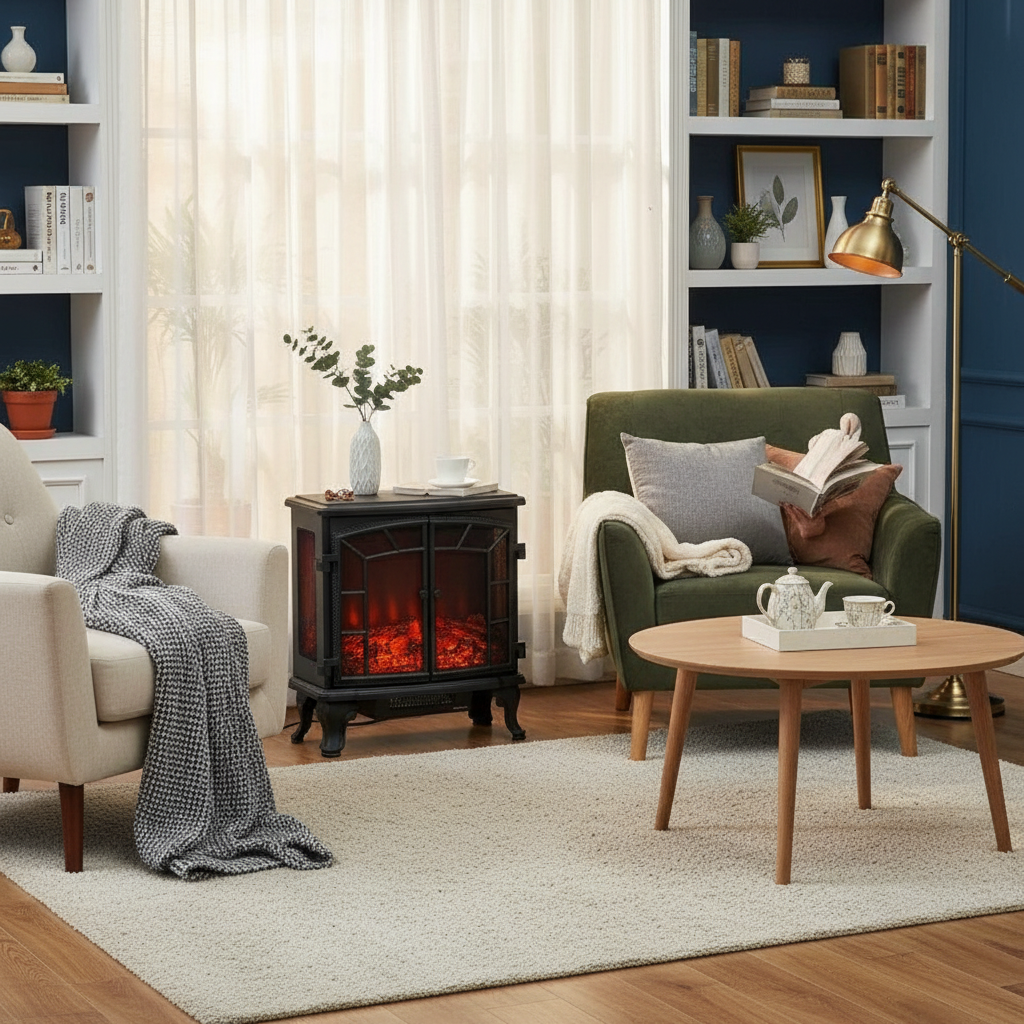 Black Remote Controlled Electric Fireplace Heater Realistic LED Flames and Logs