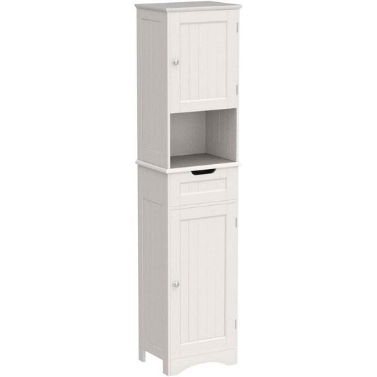White Bathroom Linen Cabinet Tower with 2 Doors Storage Drawer and Shelf-0