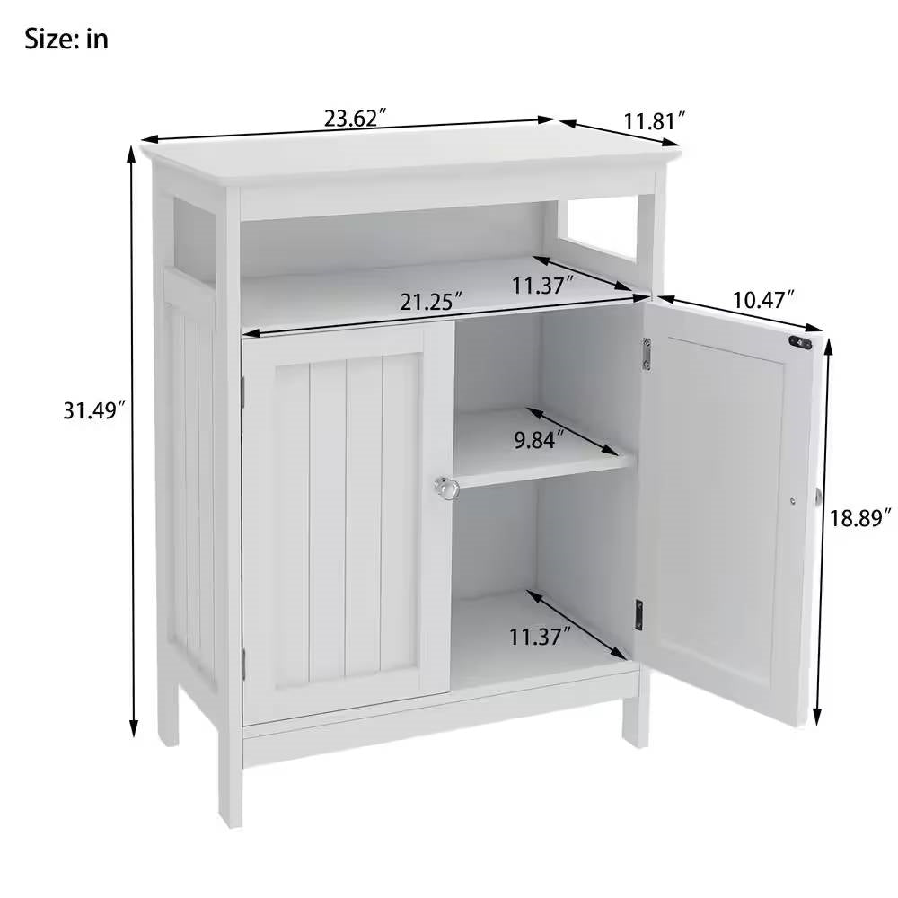 2-Door Bathroom Linen Cabinet with Storage Shelf in White Wood Finish-4