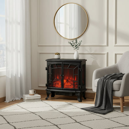 Black Remote Controlled Electric Fireplace Heater Realistic LED Flames and Logs