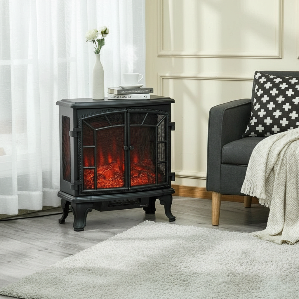 Black Remote Controlled Electric Fireplace Heater Realistic LED Flames and Logs